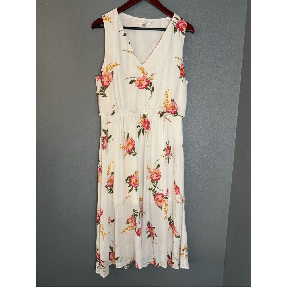 WAYF Ivory Pink Floral Sleeveless V-Neck Midi XL Dress Cottagecore Wedding Guest
